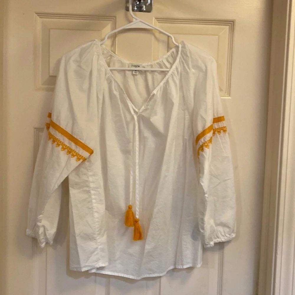 J CREW Raglan Popover white blouse with orange embroidery and 3/4 sleeves size M